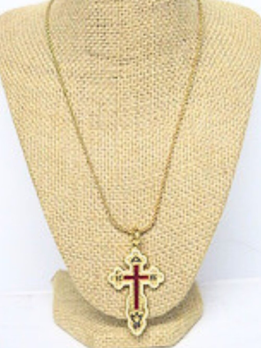 Vintage Reversible Cross Pendant Necklace Gold Tone Red Enamel Two Sided
